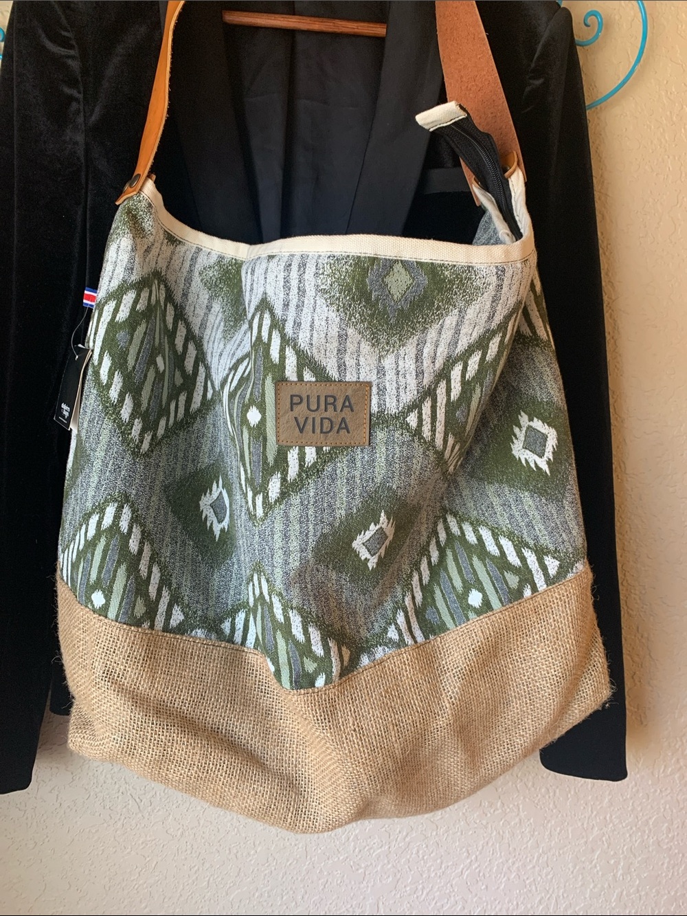 Delores Bags Pura Vida Olive Green Patterned Canvas Tote with Jute Base